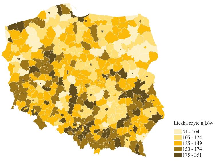 Czytelnicy bibliotek publicznych na tysiąc osób w 2015 r. (Źródło GUS)
