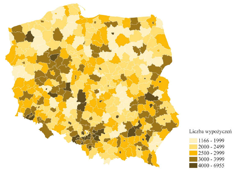 Wypożyczenia w bibliotekach publicznych na tysiąc osób w 2015 r. (Źródło GUS)