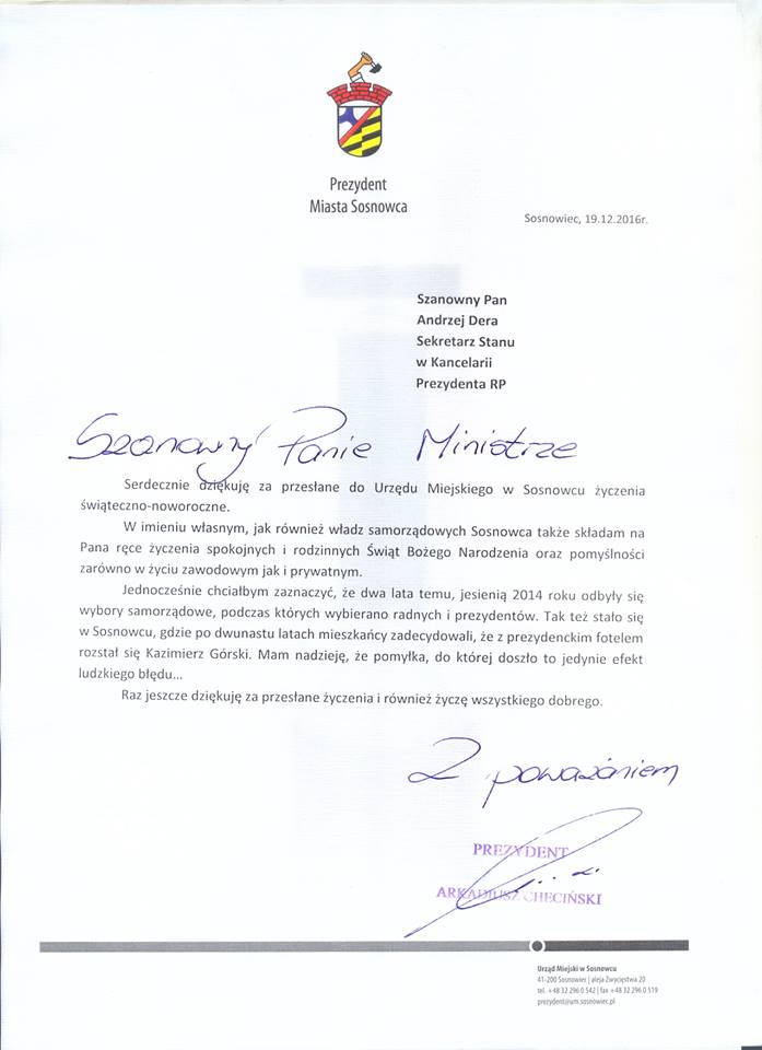 Pismo prezydenta Sosnowca do kancelarii ministra Dery. (Fot. facebook.com)