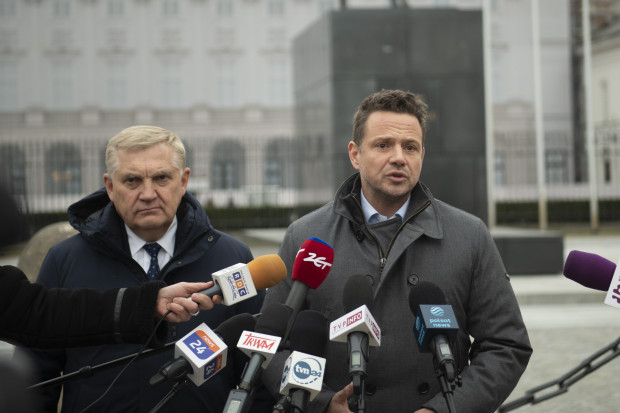 Tadeusz Truskolaski i Rafał Trzaskowki podczas brefingu po spotkaniu z prezydentem Andrzejem Dudą. Fot. UM Warszawa
