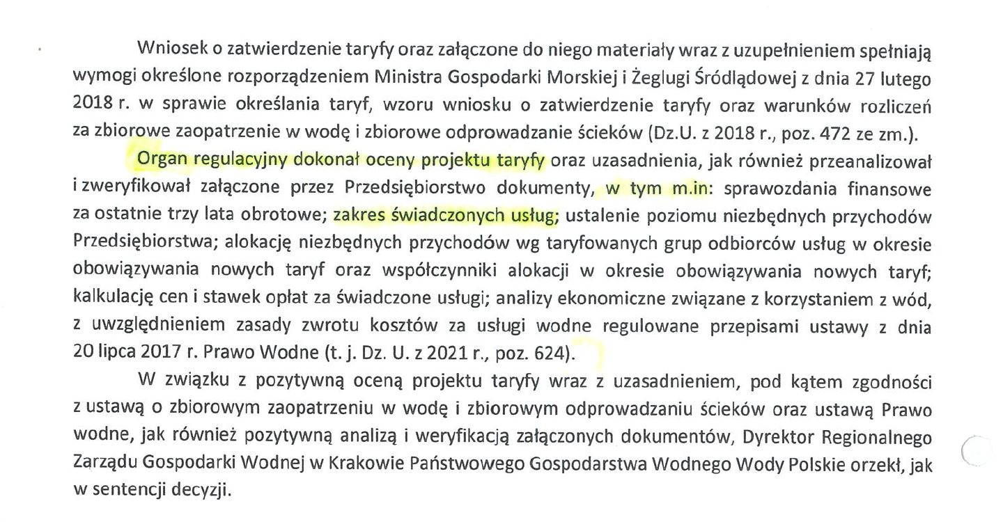 Fragment decyzji RZGW w Krakowie, zatwierdzająca taryfę dla zbiorowego zaopatrzenia w wodę i zbiorowego oczyszczania ścieków z kwietnia 2021 roku. Cały dokument zamieszczamy w dziale multimedia (źródła: www.wodociagi.krakow.pl)