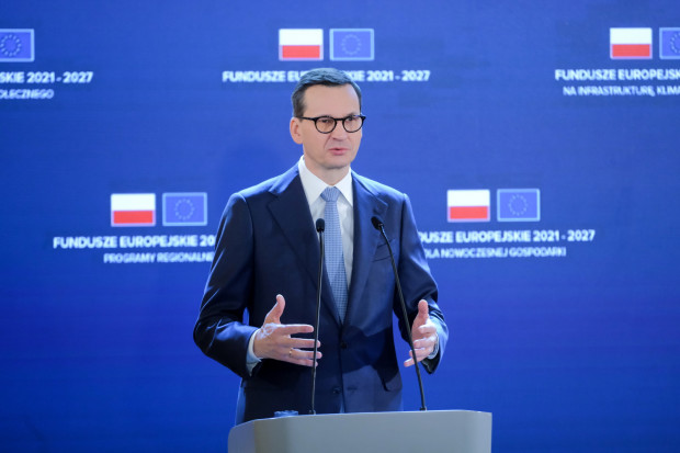 Mateusz Morawiecki 8 lutego podczas oficjalnej inauguracji perspektywy finansowej UE na lata 2021-2027 w Polsce (Fot. PAP/Mateusz Marek)