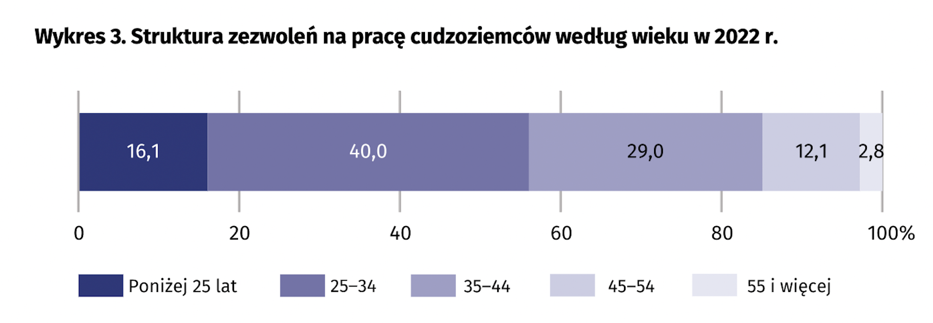 Struktura zezwoleń na pracę cudzoziemców na Mazowszu według wieku w 2022 r. (Źródło: dane GUS).