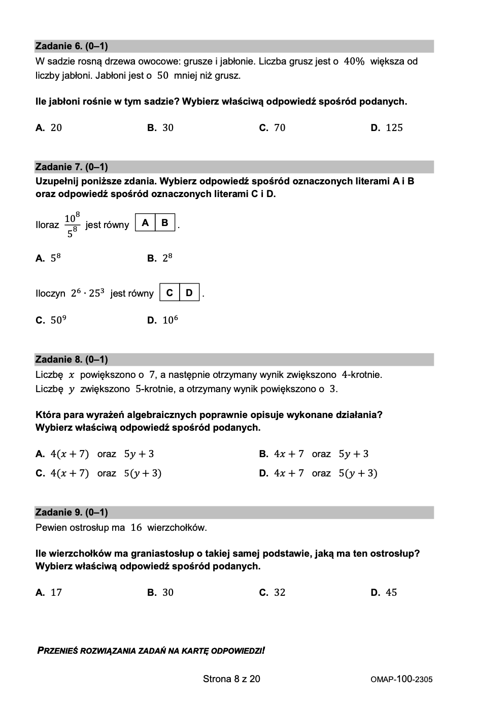 Egzamin ósmoklasisty 2023 arkusz zadań z matematyki (fot. PTWP)