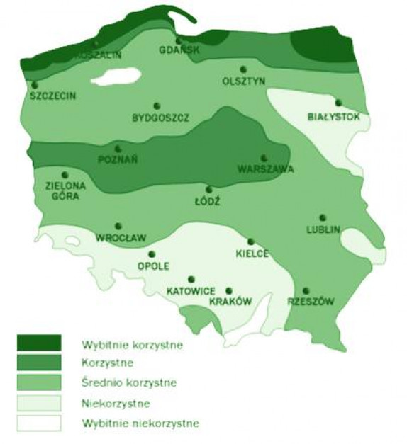 Mapa warunków wiatrowych w Polsce (źródło: Powiślańska Regionalna Agencja Zarządzania Energią)