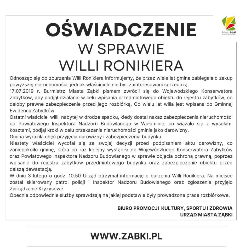 Oświadczenie urzędu miasta w Ząbkach (zabki.pl)