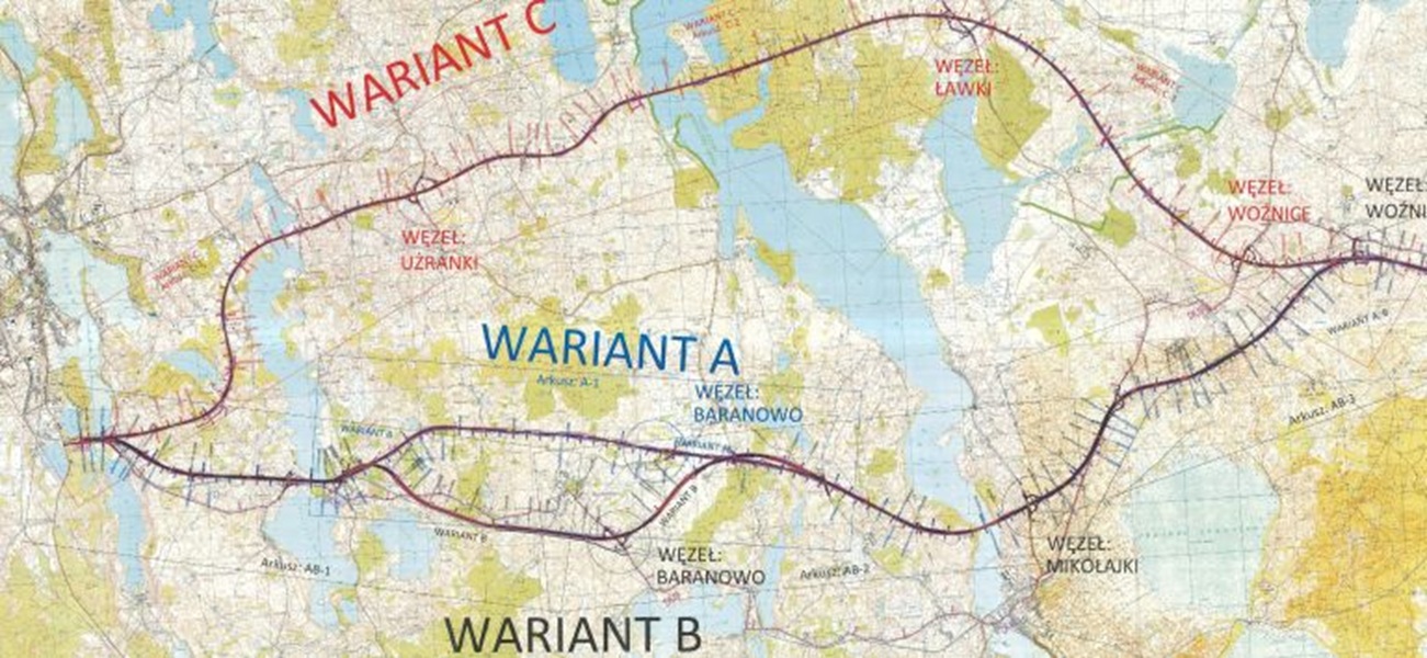 Tres variantes analizadas de la ruta S16 a través de Masuria (Foto: mragowo.pl)