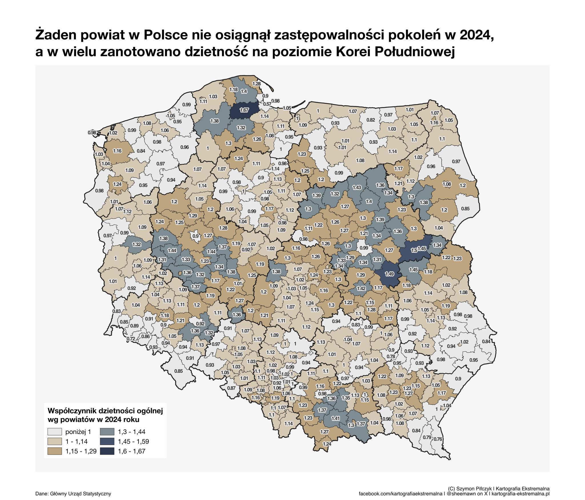 Współczynnik dzietności w Polsce według powiatów. Źródło: Facebook/Szymon Pifczyk - Kartografia ekstremalna